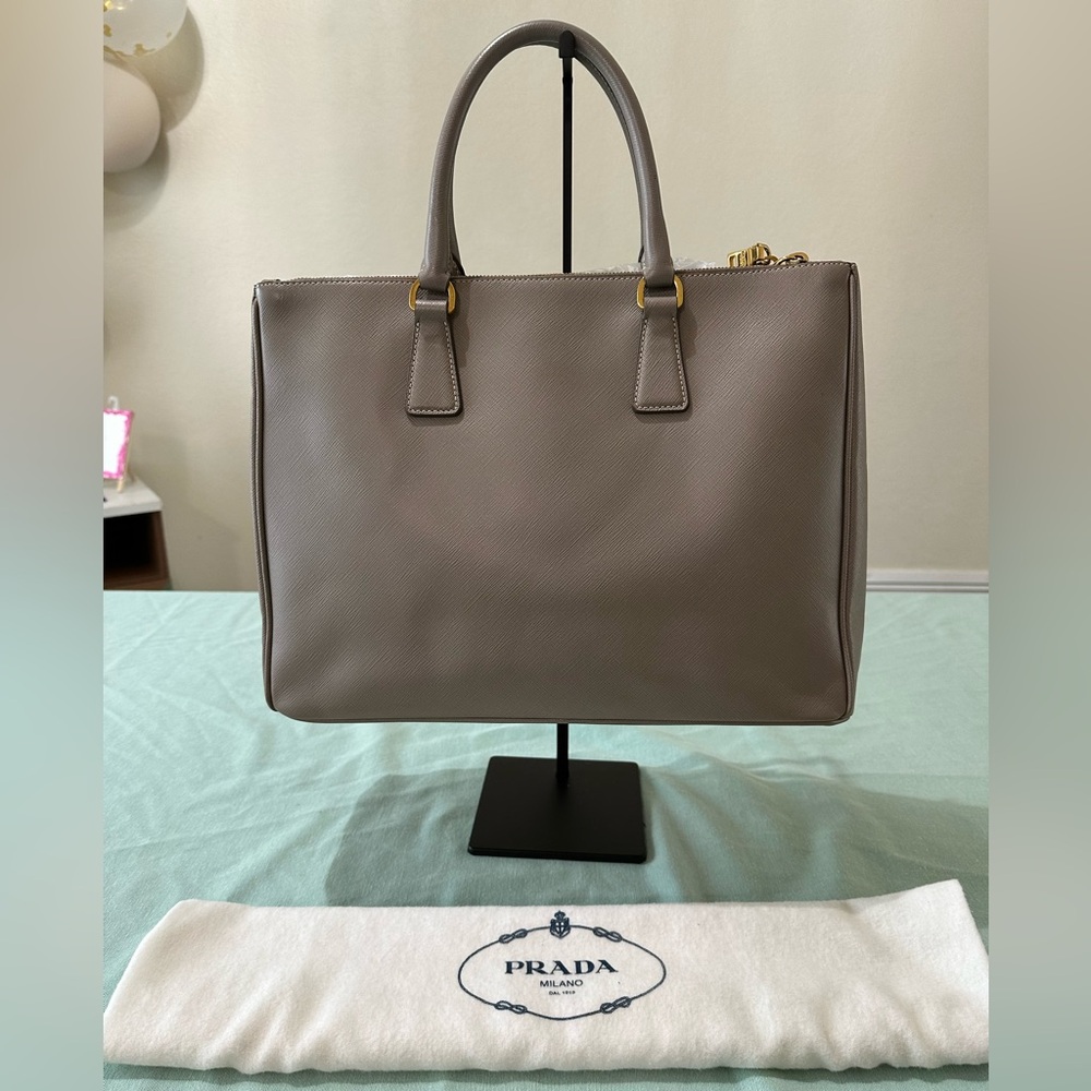 Prada Taupe Leather Handbag with Gold Accents - Picture 2 of 15